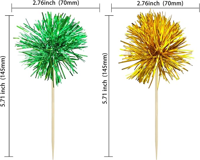 Gyufise 30Pcs Foil Firework Cupcake Toppers Sparkle Tinsel Cake Toppers Tinsel Drink Cake Decoration Cocktail Picks for Birthday Wedding Graduation Party Supplies Gold Green