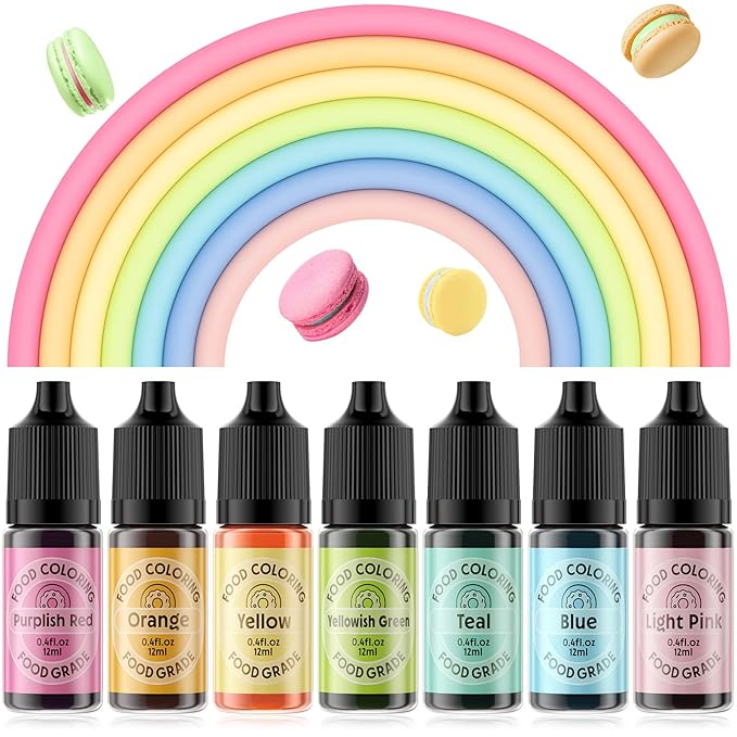 Food Coloring for Cake Decorating Macaron Edible Food Dye for Baking Royal Icing Cookie Supplies Gluten Free 7x12ml Food Grade Liquid Food Color Kits, 0.4 Fl. Oz/Bottles