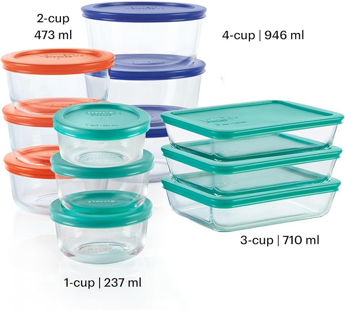 Pyrex Simply Store (12-Pack) Glass Food Storage Containers Set, (1, 2, & 3 Cup) Meal Prep Containers With BPA-Free Lids, Dishwasher & Microwave Safe