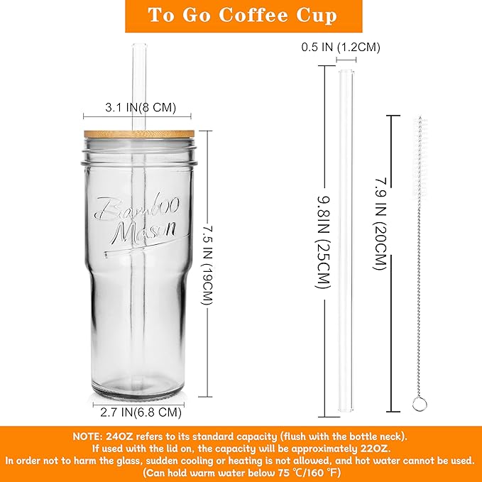 ANOTION Glass Cups with Lids and Straws 2 Packs, 24oz Travel Coffee Mug Wide Mouth Bamboo Mason Jar Iced Coffee Cup Smoothie Cup Glass Tumbler Tea Cup Clear Cute Water Cups Drinking Jars Glasses
