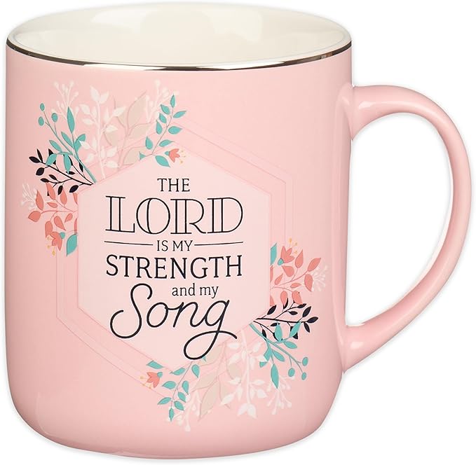 Christian Art Gifts Large, 14 oz Ceramic Scripture Coffee & Tea Mug for Women: The Lord is My Strength - Psalm 118:14 Inspirational Bible Verse, Lead-free Drinkware w/Silver Rim, Pink Floral