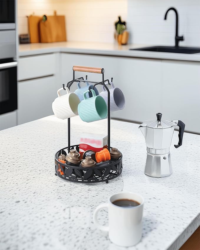 Mug Holder for Countertop, 2-in-1 Mug Tree for Large Mugs & Coffee Cup Stand with Storage Basket - Mug Rack & Organizer for Coffee Bar Accessories