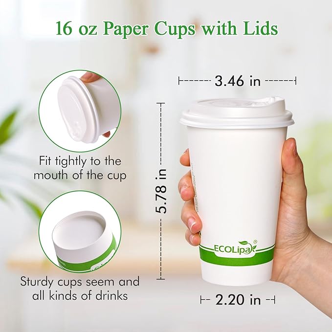 ECOLipak 100 Count 16 oz Compostable Paper Coffee Cups, Biodegradable Disposable Coffee Cups with CPLA Lid, Eco-friendly Hot Drinking Cups for Party, Picnic, Travel,and Events