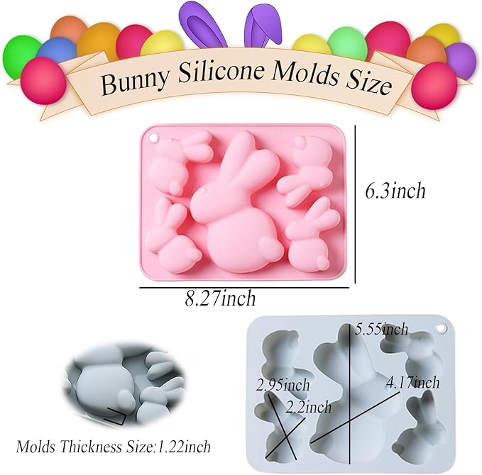 2 Pack Bunny Silicone Molds, 5-Cavity Easter Bunny Chocolate Tray Molds, Bunny Baking Molds for Jellies, Candies, Ice Cubes, Wax Melts, Soaps, Cake Decoration