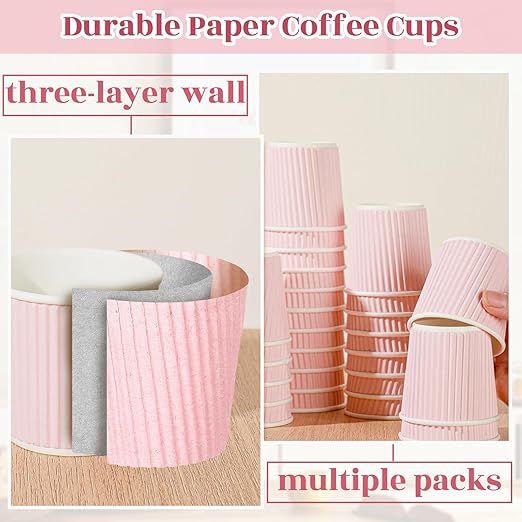 Yaomiao 200 Pcs 4 oz Disposable Espresso Coffee Cups Ripple Corrugated Paper Insulated Hot Cups for Party Cold Drinks Hot Beverage Tea(Pink)