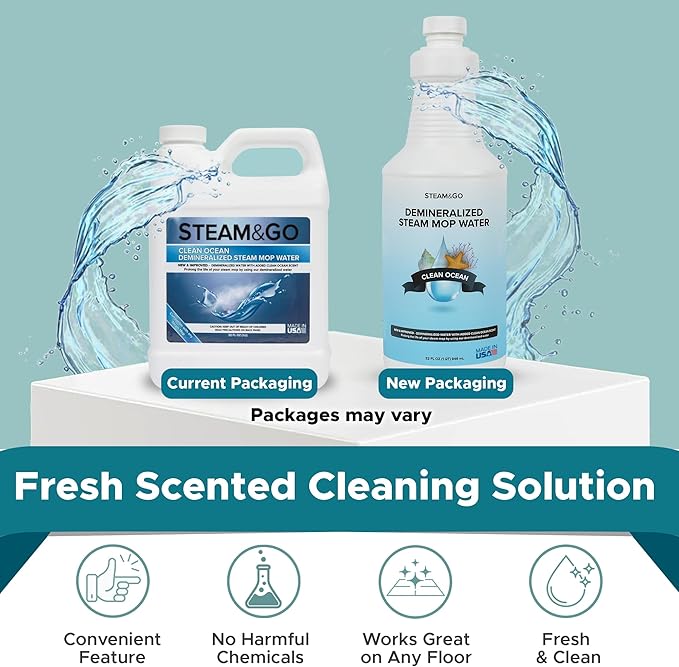 Steam & Go Demineralized Water - Multisurface Cleaner, PVC-Free Ready-to-Use for Mops & Floor Steamers - Ideal for Kitchen, Bathroom, & Home Surfaces - Clean Ocean Scent - 32oz (Pack of 1)
