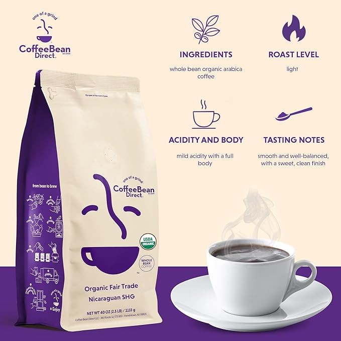 Coffee Bean Direct Organic Fair Trade Nicaraguan SHG, Whole Bean Coffee, Light Roast, 2.5 Pound Bag (Pack of 1)