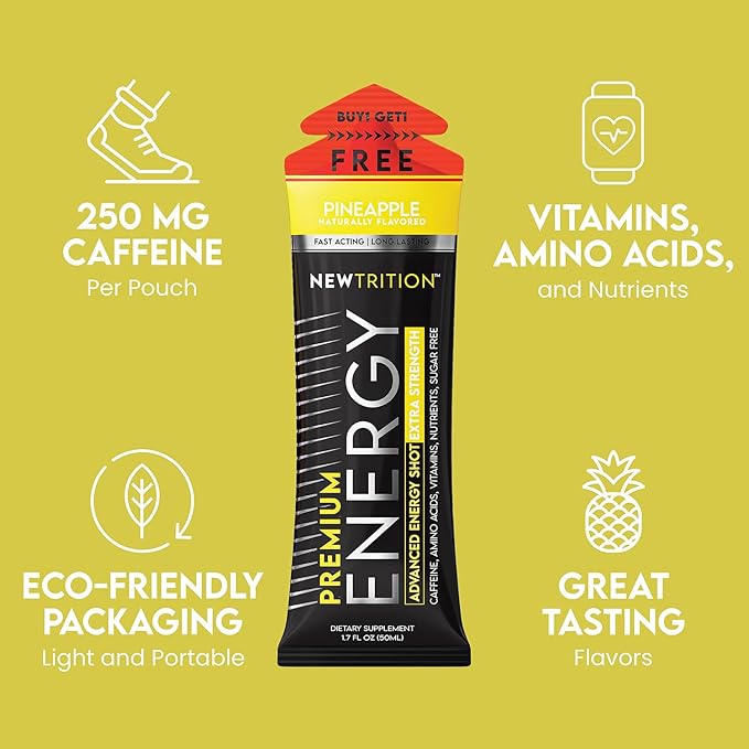 NewTrition® Extra Strength Energy Shots, Pineapple 1.7 fl oz (Pack of 24) | 250mg Caffeine Energy Drinks with Vitamin B & Amino Acids, Sugar-Free - Zero Calories Vitamin Energy Shots
