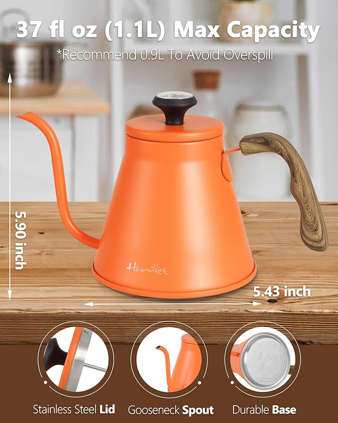 Harriet Gooseneck Kettle with Thermometer for Pour Over Coffee and Tea, 37 fl oz, Stainless Steel, Durable 3-Layer Base, Ideal Spout for Precision Pouring, Compatible with all Stove Tops, Orange