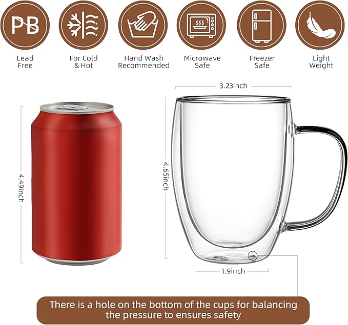 CNGLASS 12oz Double Walled Glass Coffee Mugs(4-pack),Insulated Glass Mugs with Handle,Clear Espresso Cups for Latte,Cappuccino,Tea Bag