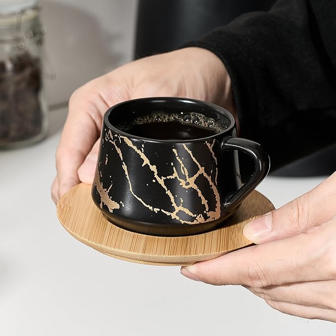 LUKA Ceramic Espresso Cups with Saucers and Metal Stand, Small 4 oz Porcelain Demitasse Cups Set of 6, Cute Cappuccino Coffee Cups for Double Espresso, Tea, Marbling Black