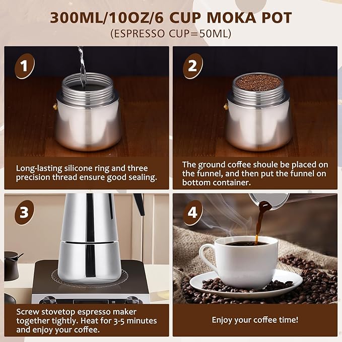 Stovetop Espresso Maker, 6 cup Moka Pot, Italian Coffee Maker Percolator, Stainless Steel Espresso Pots, 300ml/10oz(Espresso Cup=50ml/1.7oz) Coffee Pot Cafe Maker for Induction Cookers, Hobs