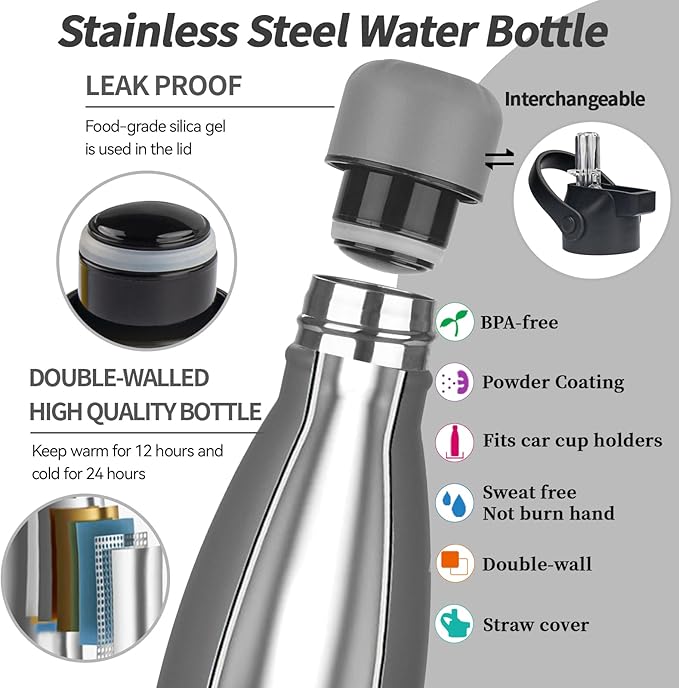 Insulated Water Bottle, 2 Pack-9oz Stainless Steel Water Bottles with straw lid, Metal Sports Water Bottles for Boys,Girls, Double Wall Vacuum BPA-Free Flask for School, Sports (Grey-Cream)