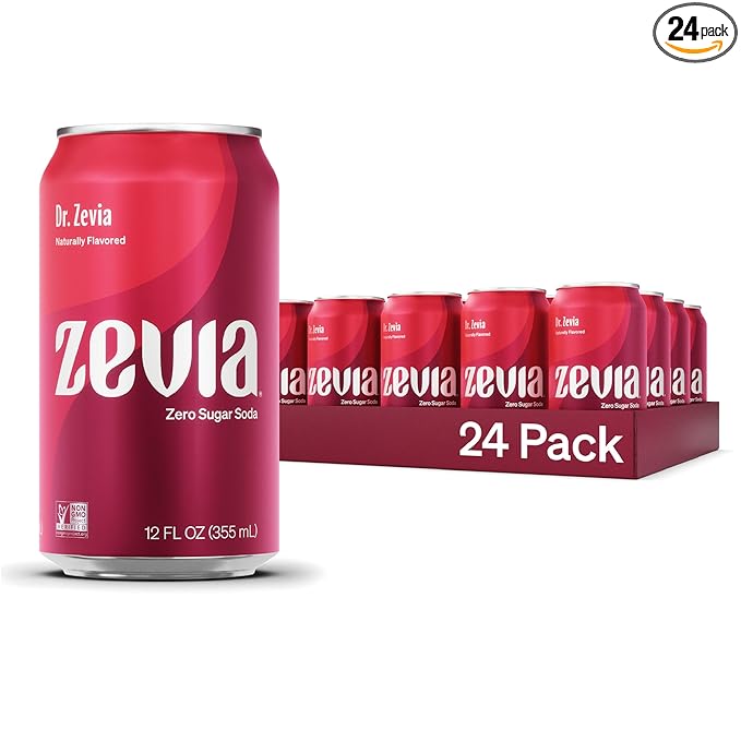 Zevia Zero Sugar Soda, Dr. Zevia, 12 oz Cans (24-Pack) – Naturally Sweetened, Zero Calorie Sugar Free Soda - Non-GMO Project Verified, Gluten-Free, Vegan