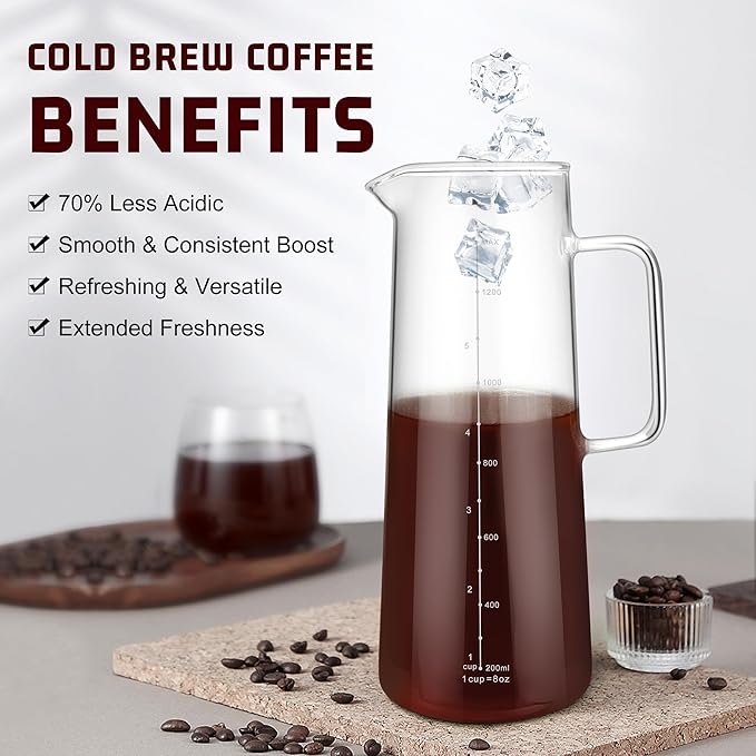 Cold Brew Coffee Maker, 1.4L/48oz Slim Borosilicate Glass Pitcher with Stainless Steel Filter, Fit Fridge Door, Dishwasher Safe & Airtight Lid, Mannual Included, Iced Tea & Fruit Infuser