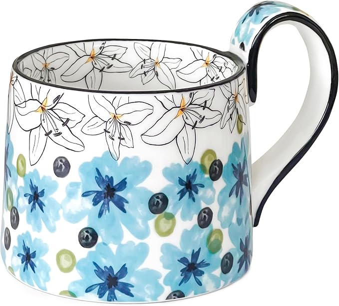 Ceramic Coffee Mug, 12oz Cute Floral Coffee Mugs with Large Handle, Blue Flower Design Stoneware Tea Cup for Office and Home