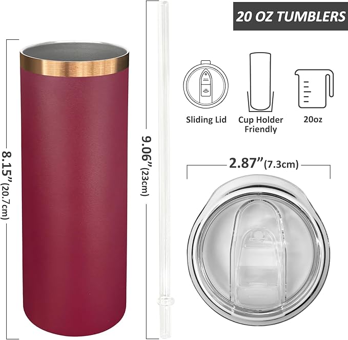 20 oz Skinny Tumblers Bulk 4 Pack, Stainless Steel Insulated Tumbler with Lids and Straws, Slim Double Wall Powder Coated Travel Coffee Mugs Reusable Cup for Hot Cold Drinks (Mixed,4 pack)