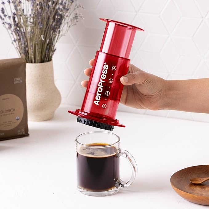 AeroPress Clear Red Coffee Press – 3 In 1 Brew Method Combines French Press, Pourover, Espresso, Full Bodied Coffee Without Grit or Bitterness, Small Portable Coffee Maker for Camping & Travel, Red
