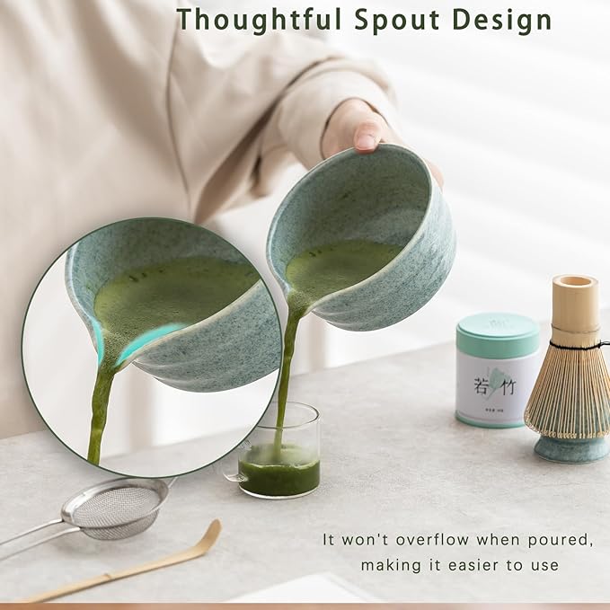 Matcha Set, Matcha Whisk Set Includes Matcha Bowl, Matcha Whisk Holder, Bamboo Matcha Whisk, Scoop and Matcha Sifter, 17 oz Mottled Blue Glaze Ceramic Matcha Kit for Tea Lovers
