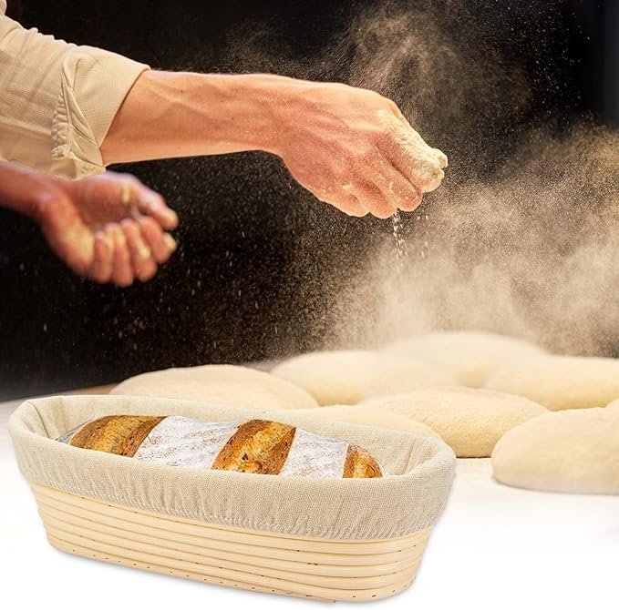 2 PCS 10 inch Oval Long Banneton Brotform Bread Dough Proofing Rising Rattan Basket & Liner for Professional & Home Bakers