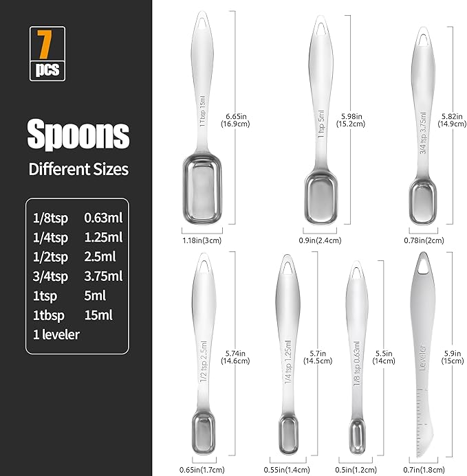 18/8 Stainless Steel Measuring Spoons: Doosu Heavy Duty Rectangular Spoon Square Teaspoon Tablespoon Scoop with Slim Long Handle in Narrow Spice Jar for Kitchen Baking Cooking (Set of 7 with Leveler)