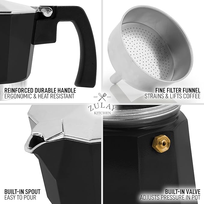 Zulay Classic Stovetop Espresso Maker for Great Flavored Strong Espresso, Classic Italian Style 3 Espresso Cup Moka Pot, Makes Delicious Coffee, Easy to Operate & Quick Cleanup Pot (Black)