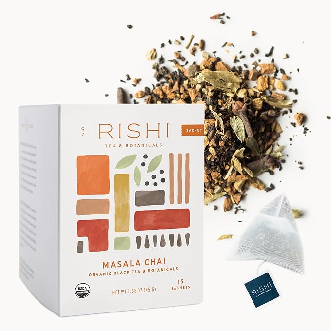 Rishi Tea Masala Chai Black Sachet Tea Bag Blend - Organic, Assam with Whole Spices, Energizing & Caffeinated - 15 Count (Pack of 1)