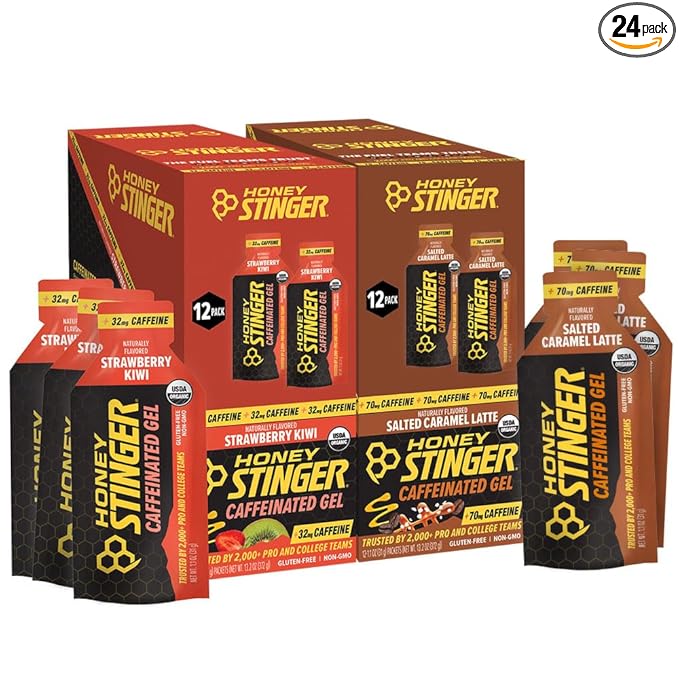 Honey Stinger Caffeinated Organic Energy Gel Variety Pack, 12 Packs Each of Salted Caramel Latte & Strawberry Kiwi, Caffeinated & Gluten Free, for All Exercises, Sports Nutrition for Home & Gym