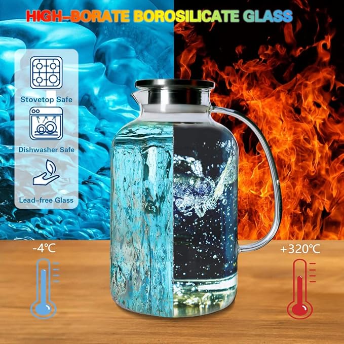 Glass Pitcher with Lid, GOTEBLE 102oz Glass Pitcher with Silicone Case and Brush, Large Capacity Glass Water Tea Pitcher for Juice, Milk, Cold Or Hot Beverages, Large Family and Party