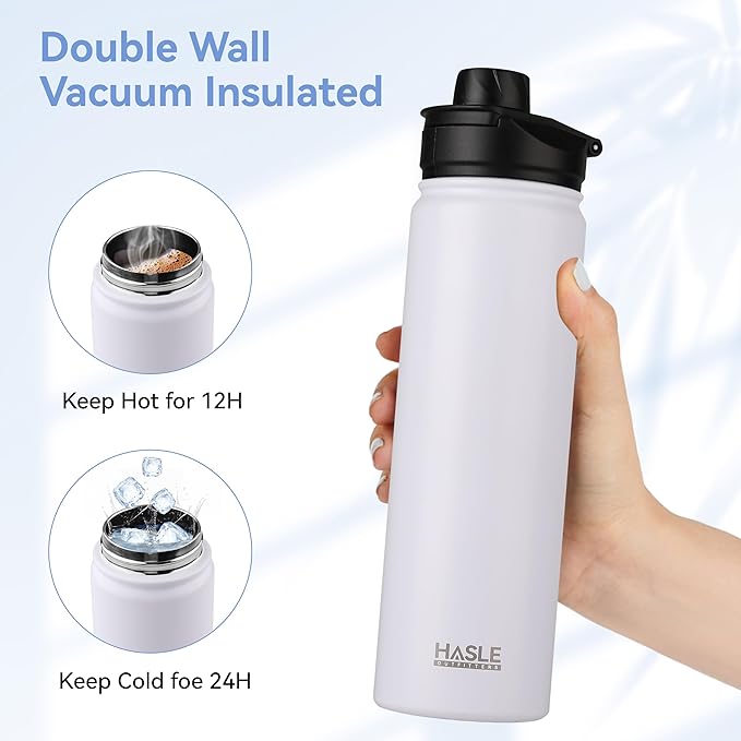 HASLE OUTFITTERS Insulated Water Bottle 22 oz Double Wall Stainless Steel Water Bottle Wide Mouth with Straw Lid & Spout Lid Keeps Cold or Hot(White,1)