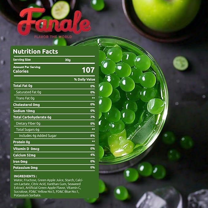 Fanale Green Apple Popping Boba Pearls, Vegan, Non GMO, Gluten Free, Fat Free, Perfect for Bubble Tea, Smoothies, Ice Cream, Desserts, and Beverages.