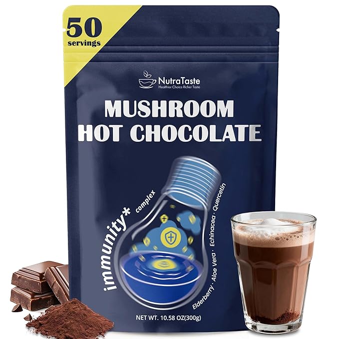 Mushroom Hot Chocolate, 50 Servings Cocoa Powder | 10 Mushrooms Supplements with Elderberry, Aloe Vera, Echinacea & Quercetin | Support Immunity, Gut & Stress Health | Vegan & Keto, Gluten-Free