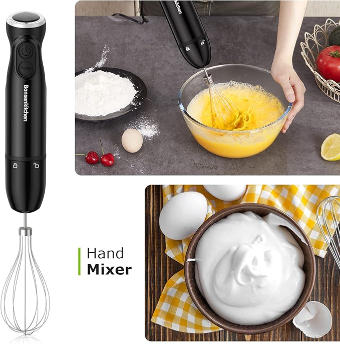 Bonsenkitchen Immersion Blender Handheld, 12-Speed and Turbo Hand Blender Electric with Sharp Blades, 3-In-1 Hand Held Stick Blender with Egg Whisk, 24oz Beaker for Soups, Smoothies, Sauce