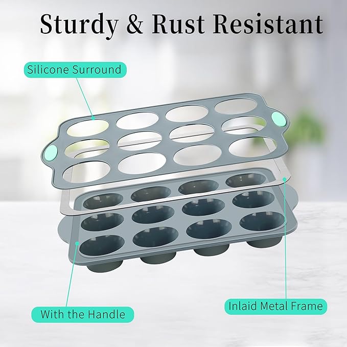 To encounter Small Silicone Muffin Pan, 2 Pack 12-Cup, Nonstick Baking Cups, Cupcake Pan with Metal Reinforced Frame More Strength