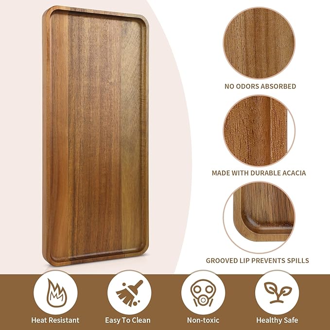 1 pcs 14"x5.3" Solid Acacia Wood Serving Trays Rectangular Wooden Serving Platters Natural Wooden Boards for Bar Coffee Party