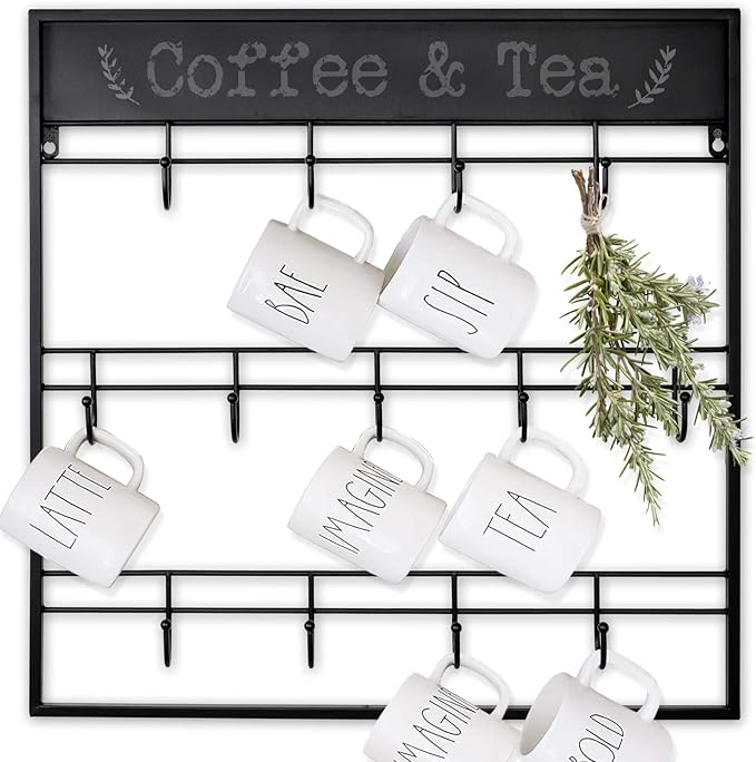 AJART Coffee Bar Decor Mug Holder: 22" Large Square Coffee Cup Rack for Home Kitchen Office Dining Room Cafe Bar