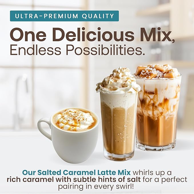 Dr. Smoothie Café Essentials Salted Caramel Latte – No Artificial Colors, Flavors, or Sweeteners – 20mg of Caffeine per Serving – Great for Hot, Iced, & Frozen Frappes (3.5 lb Bag, 26 Servings)