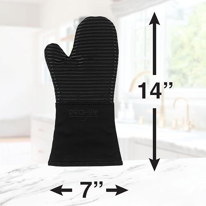All Clad Silicone Oven Mitt: Heat Resistant up to 500 Degrees - 100% Cotton & Silicone, 14"x7" Oven Mitt for Kitchen and Barbeque, 1-Pack, Black