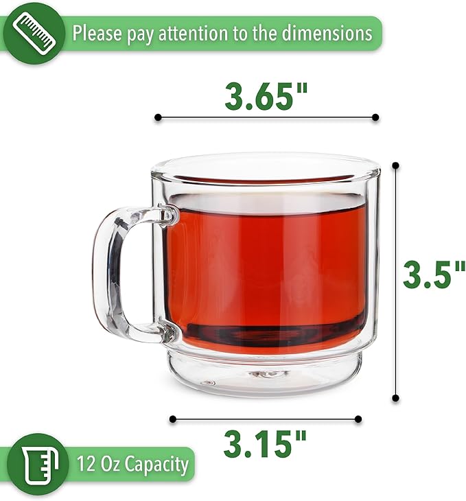 BTaT- Stackable Insulated Coffee Mugs, Glass Tea Mugs, Set of 4 (12 oz, 350 ml), Double Wall Glass Coffee Cups, Tea Cups, Latte Cups, Beer Glasses, Latte Mug