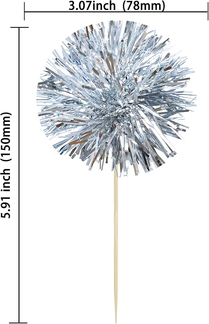 Gyufise 30Pcs Foil Firework Cupcake Toppers Sparkle Tinsel Cake Toppers Tinsel Drink Cake Decoration Cocktail Picks for Birthday Wedding Graduation Party Supplies Dark Silver
