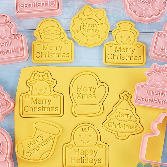 8 Piece Christmas Cookie Cutters, 3d Raised Design Gingerbread Cookie Stamps, Cookie Cutter Set suitable for Frosting Decoration, Mini Pie Molds, Apple Pie Pastry Biscuit Cutter (Christmas-F)