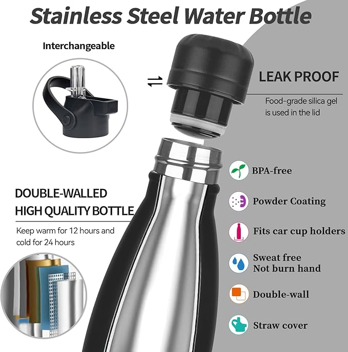 Insulated Water Bottle, 2 Pack-17oz Stainless Steel Water Bottles with straw lid, Metal Sports Water Bottles for Boys,Girls, Double Wall Vacuum BPA-Free Flask for School, Sports(Black-Sliver)