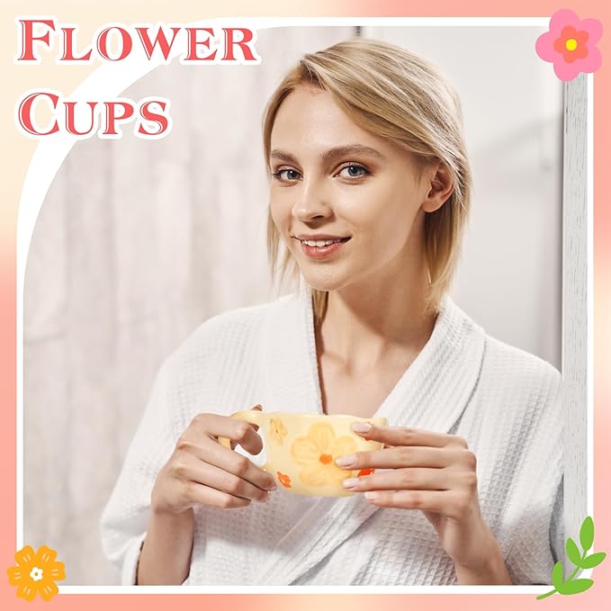 Ceramic Coffee Mug Set of 2 Vintage Flower Mugs 8 oz Cute Floral Coffee Mugs Irregular Latte Art Cup Lead-free Porcelain Cups for Cappuccino, Cocoa (Pink Cherry and Orange Flower)