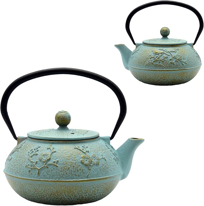 30.4oz Small Cast Iron Tea Kettle,SECHUDO Tea Pot Coated with Enameled Interior for Loose Tea, Cute Cast Iron Teapot with Stainless Steel Infuser for Stovetop Safe (900ml)