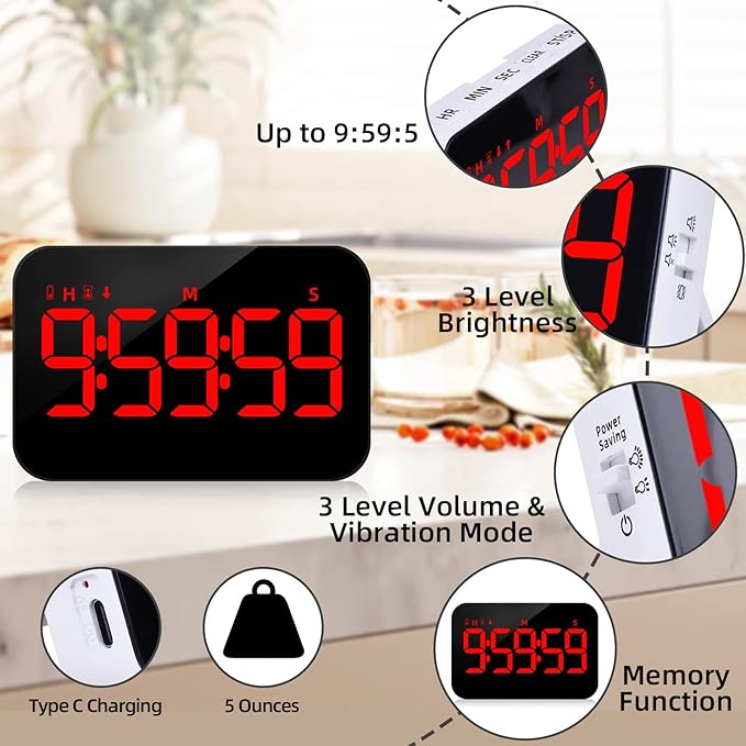 Kitchen Digital Timer, Count Down Up, Rechargeable, Vibration Mode Adjustable Volume and Brightness LED Display, Time Management Cook, Desk, Kids Adults Study Teaching, Kitchen Gadgets