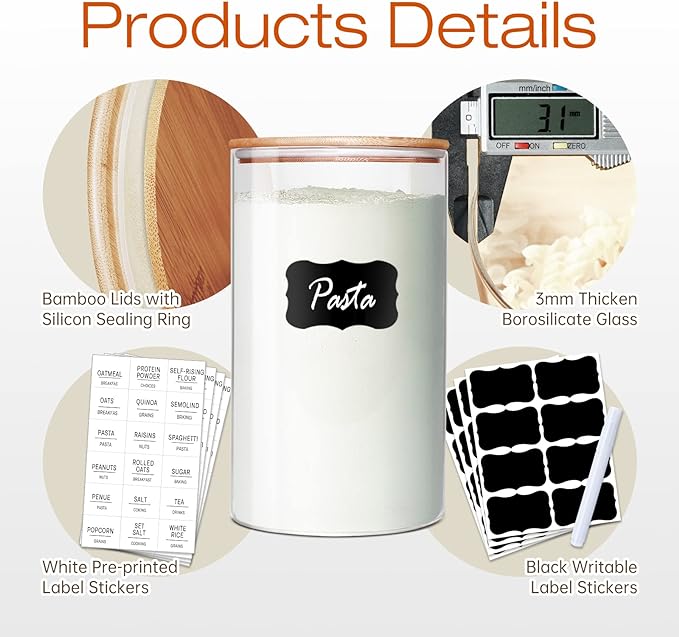 Glass Jars with Bamboo Lids 53 FL OZ [Set of 4], Glass Canisters with Airtight Lids, Glass Food Storage Containers for Pasta, Oats, Coffee, Flour, Sugar, Rice, Best for Kitchen & Pantry