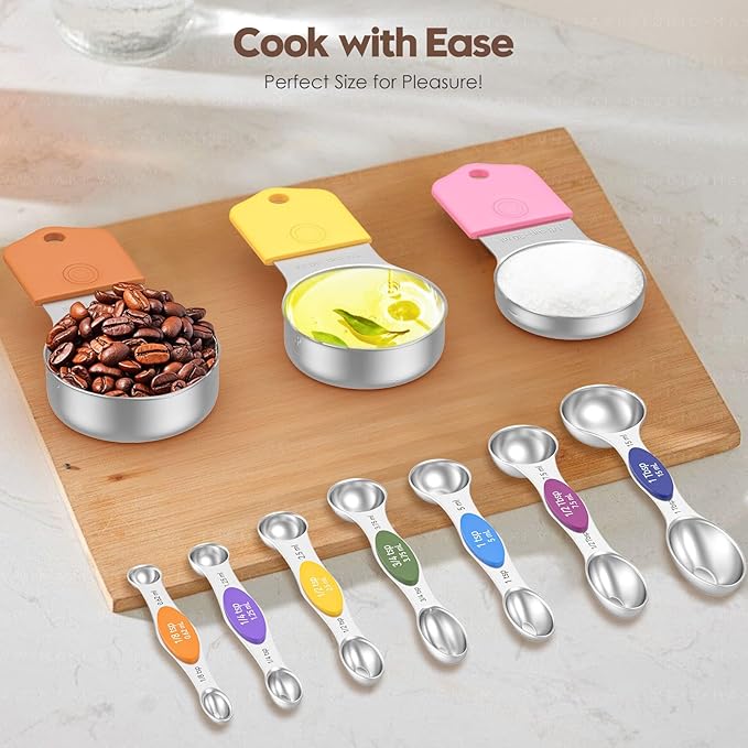 Magnetic Measuring Cups and Spoons Set - 304 Stainless Steel | Dual-sided Design | Set of 15 with Leveler | Strong N52 Magnetic Nesting Design | for Dry & Liquid Ingredients (Colorful)