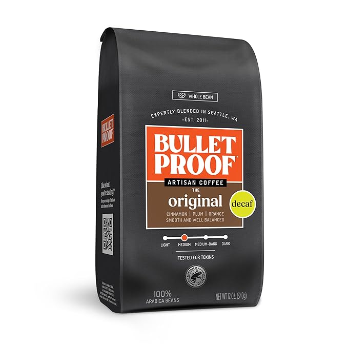 Bulletproof Original Medium Roast Whole Bean Decaf Coffee, 12 Ounces, Coffee Tested for Toxins, Packaging May Vary