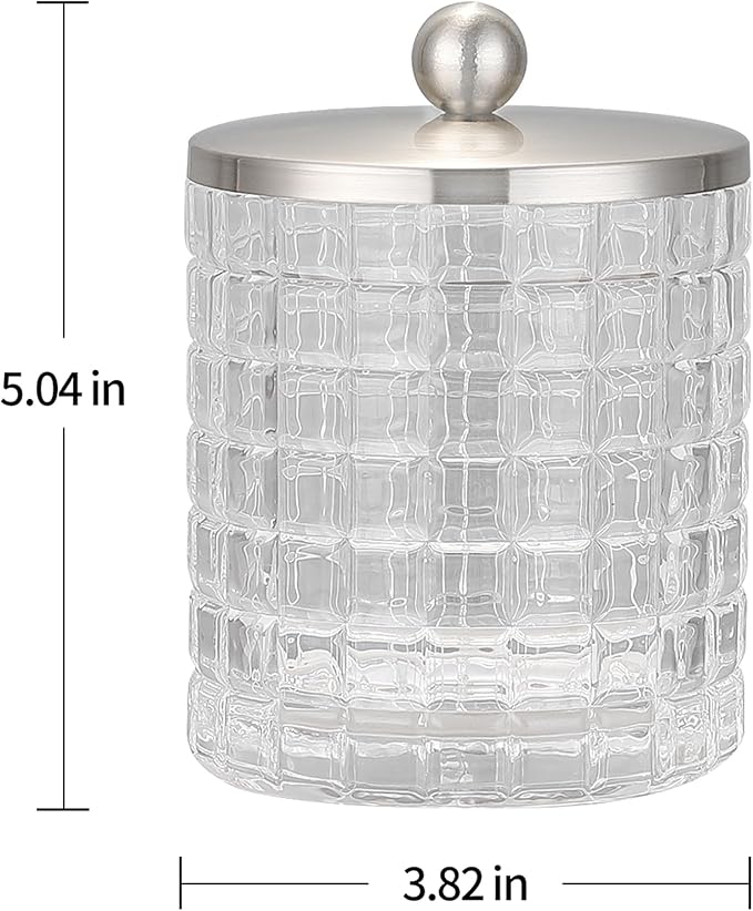 Glass Jar with Metal Lid for Bathroom Organization, Clear Apothecary Jar for Cotton Balls, Q Tips, and Small Accessories, Stylish Bathroom Storage Container Clear, Nickel