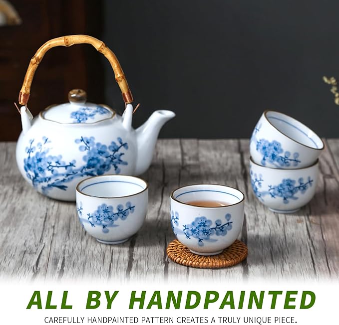 Japanese Tea Set Porcelain Tea Set with Teapot and Tea Cup Set for 4, Blue and White Tea Sets for Adults with Stainless Infuser and Bamboo Tray, Asian Tea Set for Tea Lovers/Women/Men (Plum & Bamboo)